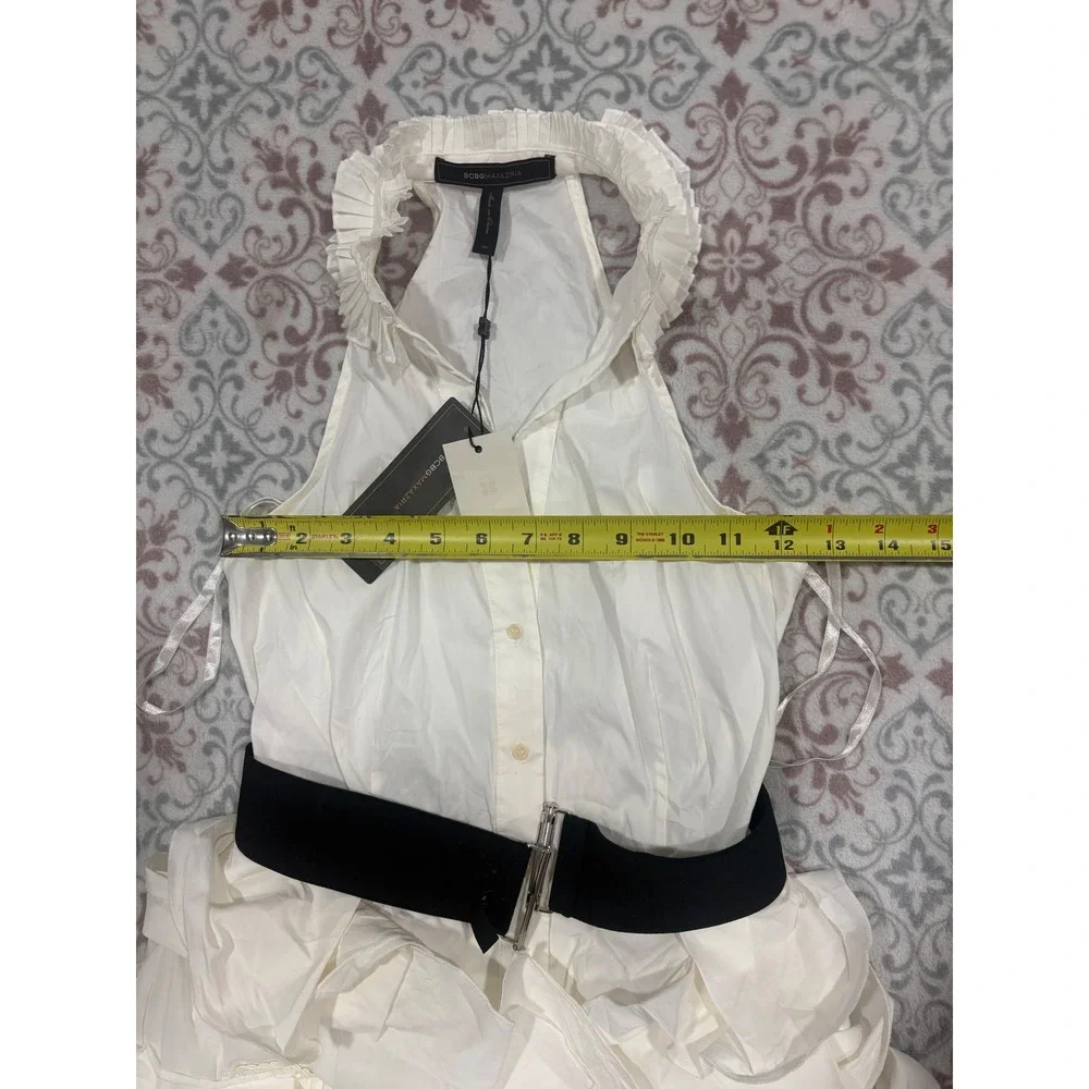 BCBGMAXAZRIA White Ruffle Tiered Belted Halter Dress SLP61378-100 Size 2 NEW